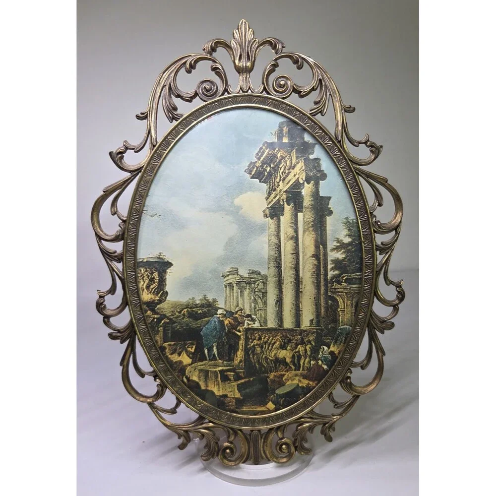 Vintage Italian Metal Oval Picture Frame Wall Hanging Brass Patina 12.5